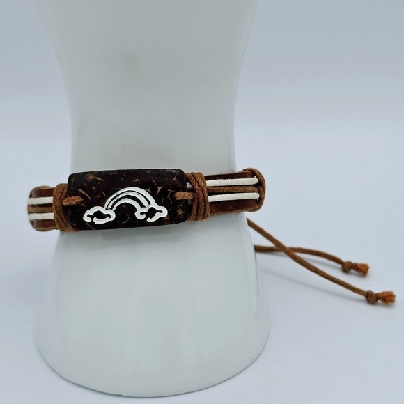 Leather Bracelet Hemp Cord Carved Rainbow Lightning Brown Tan Adjustable Slide - Picture 4 of 11